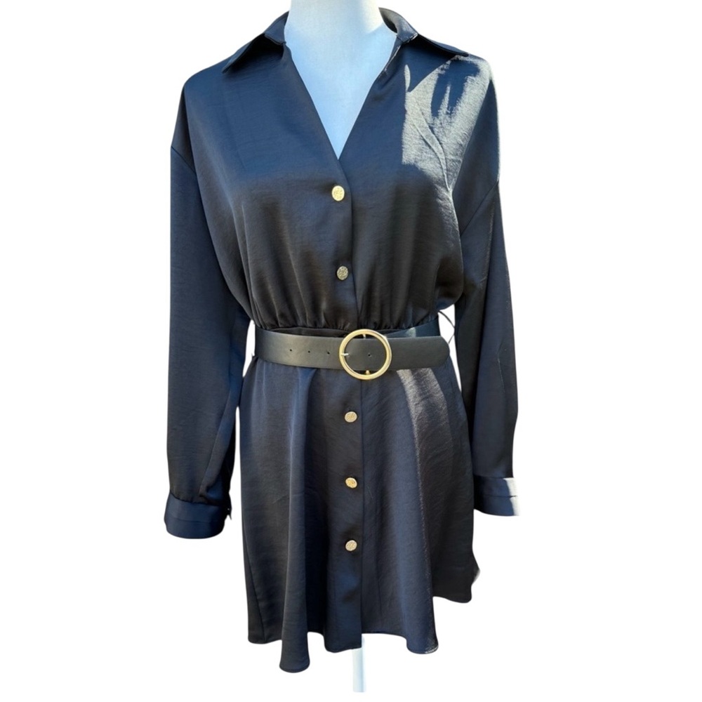 Zara Black Collard Shirt Dress Gold Button Up Long Sleeve Size Medium